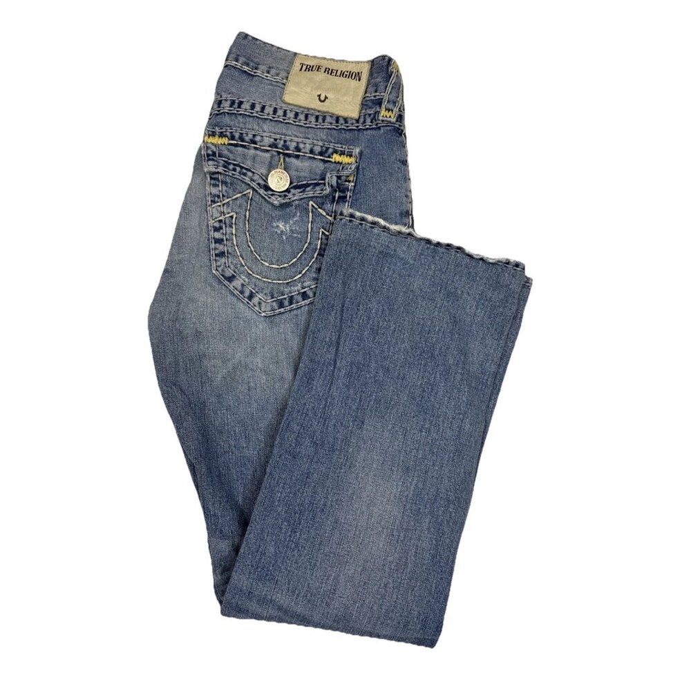 True Religion Ricky Jeans 33x31 Distressed Blue Denim Flap USA Yellow Stitch